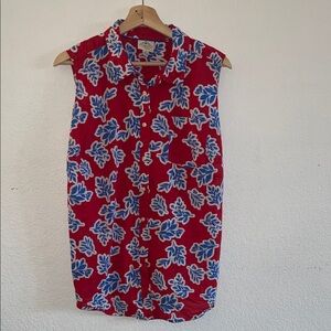 Red and Blue Leaf Print Sleeveless Top